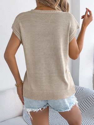 Tan cable knit sleeveless crew top with ribbed hem