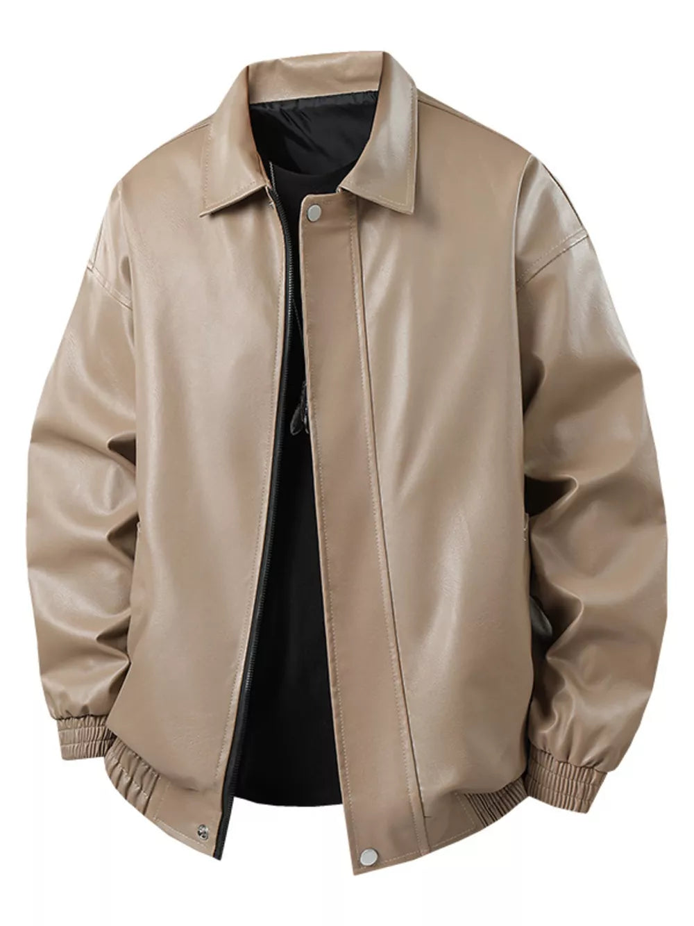 Khaki faux leather zip jacket with ribbed cuffs and collar, basic casual style