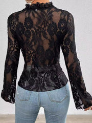 Black lace blouse with ruffled neckline and bell sleeves.