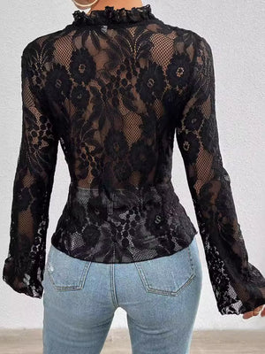 Black lace blouse with ruffled neckline and bell sleeves.