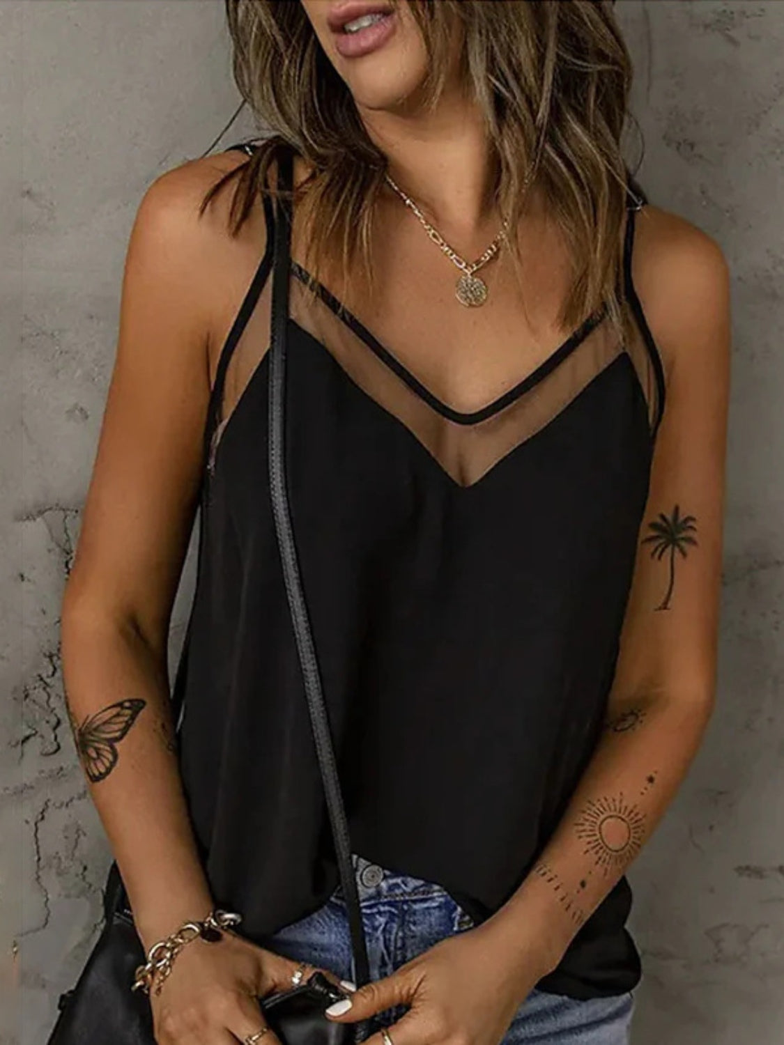 Black sheer panel V-neck cami with thin straps