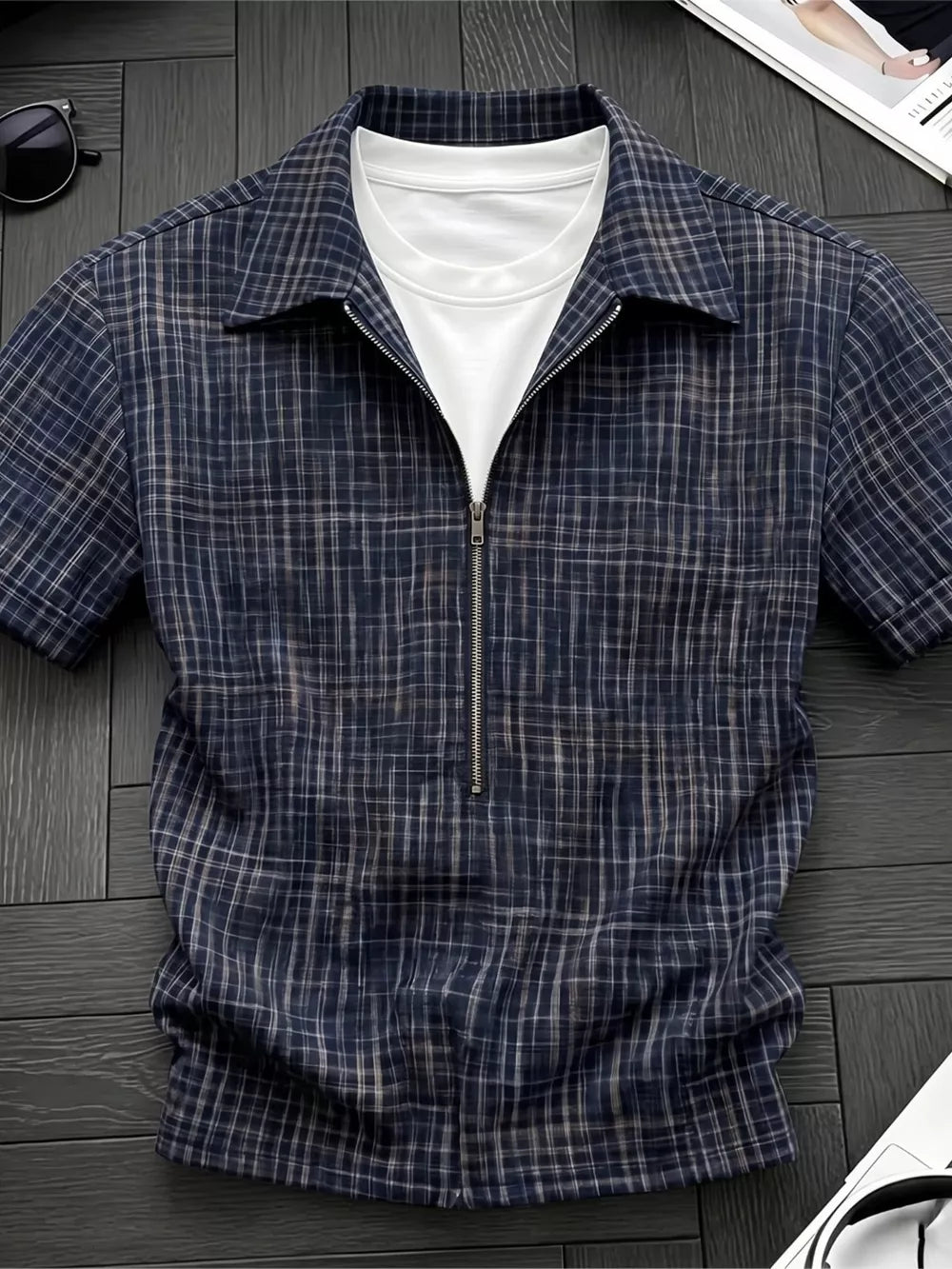 Men's Plus Size Plaid Zipper Short Sleeve Shirt in Navy Blue, front view