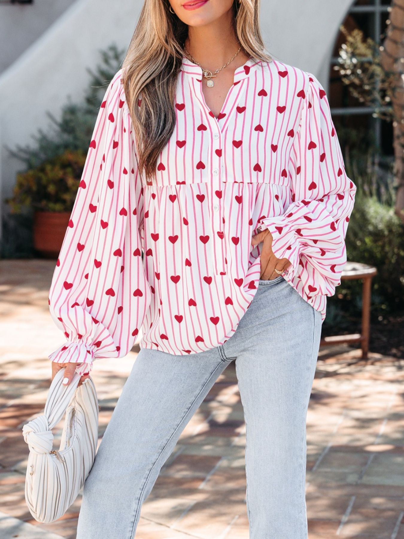 Maternity blouse with pink stripes and red hearts, button front, flounce sleeves