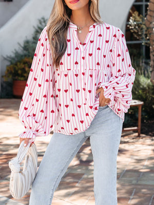 Maternity blouse with pink stripes and red hearts, button front, flounce sleeves