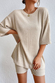 Sand ribbed tee and short set with relaxed fit and crew neck.