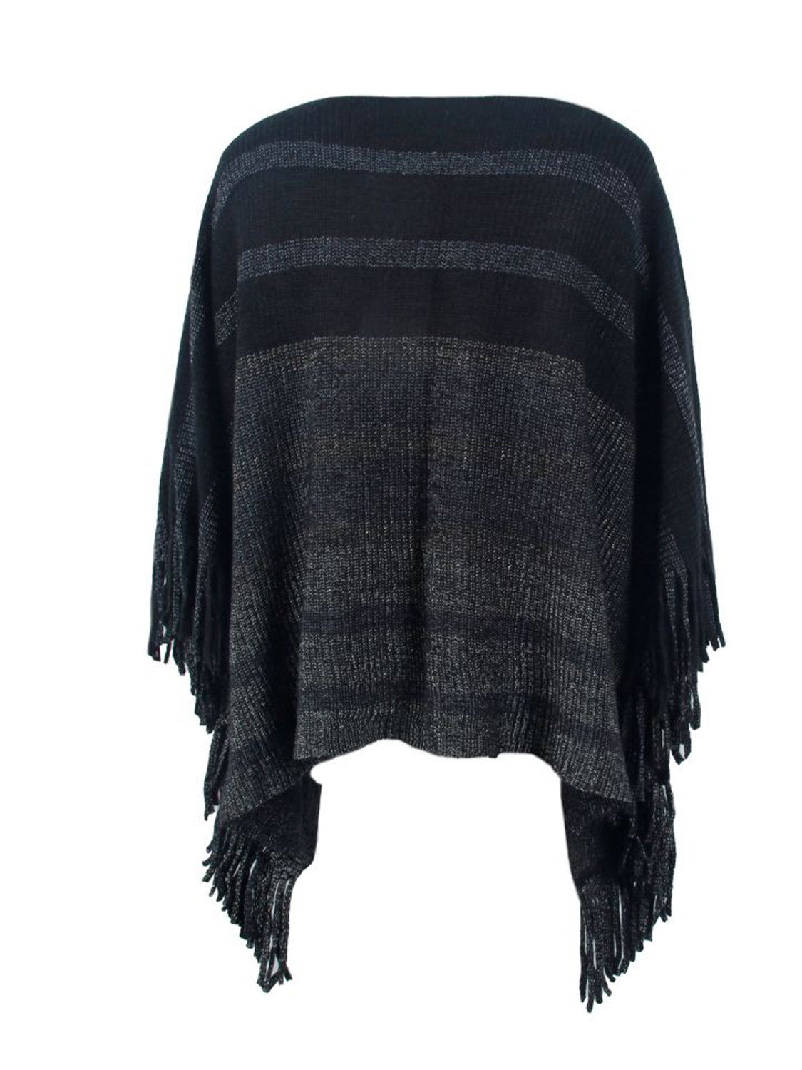 Black striped knit poncho with fringe detail and boat neckline.