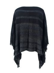 Black striped knit poncho with fringe detail and boat neckline.