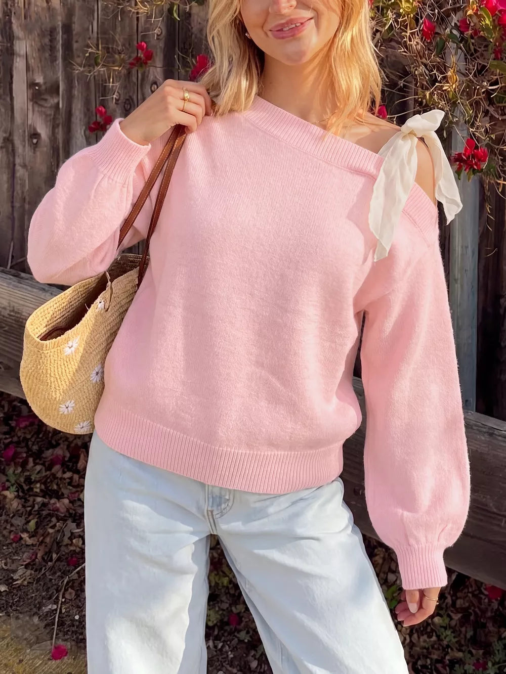 One Shoulder Bow Detail Sweater in Pink, front view