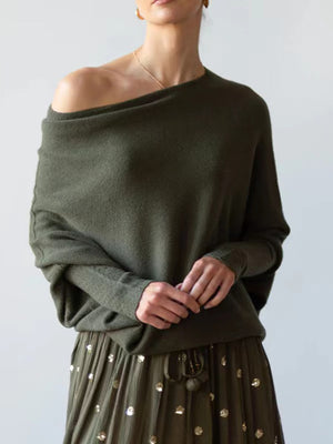 Off-shoulder drape knit sweater in army green with textured cuffs and batwing sleeves.