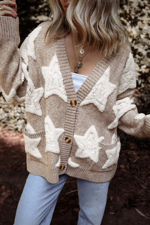 Textured starburst knit cardigan in mocha with button front and pockets.