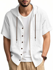 Men's white short sleeve hooded shirt with pocket and button-down front.