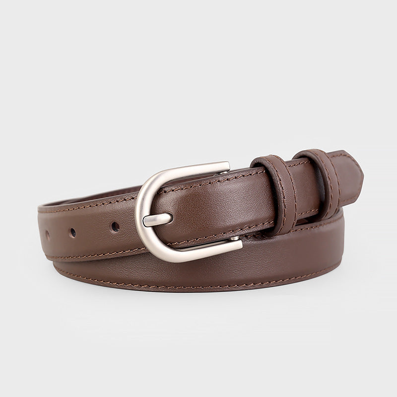 Brown cowhide leather belt with silver buckle and keeper loop