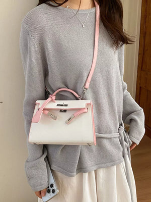 Contrast Trimmed Top-handle Crossbody Bag in Pink, side view