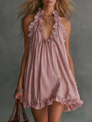 Ruffled Trim Halter Neck Mini Dress Plus Size in Blue, front view