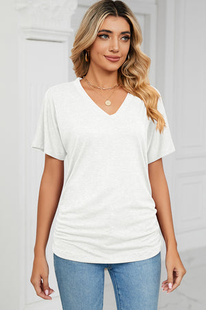White V-neck tee with short sleeves and side ruching detail.