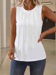 White sleeveless tank top with vertical pleats and a round neckline.