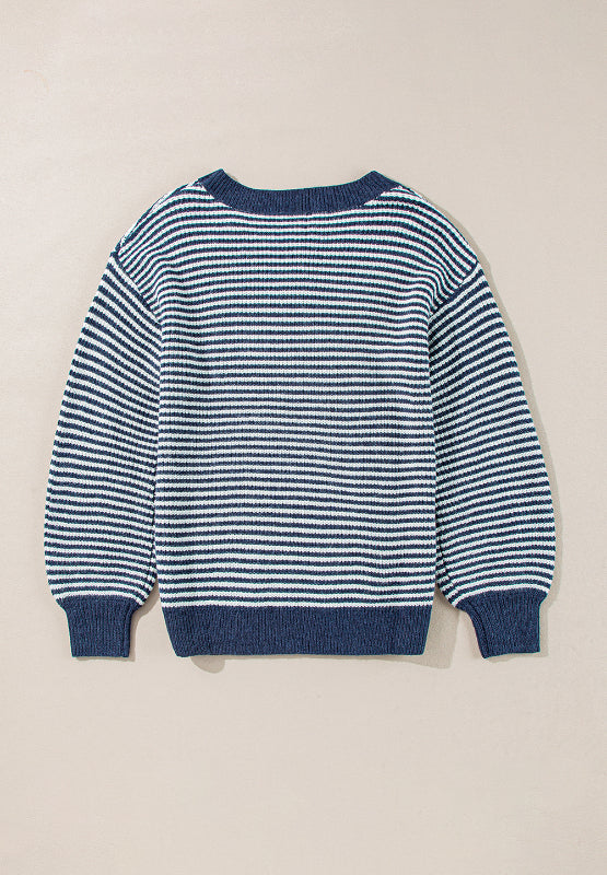 Blue striped knit pullover sweater with a crew neck and long sleeves.