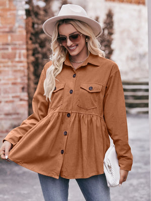 Ochre corduroy peplum shirt jacket with buttoned front and chest pockets