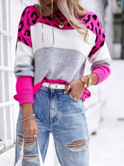 Leopard panel knit sweater with colorblock in hot pink, white, and gray.