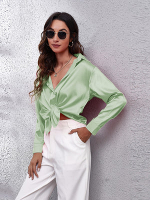 Light Green satin collared button-down shirt with a knot detail