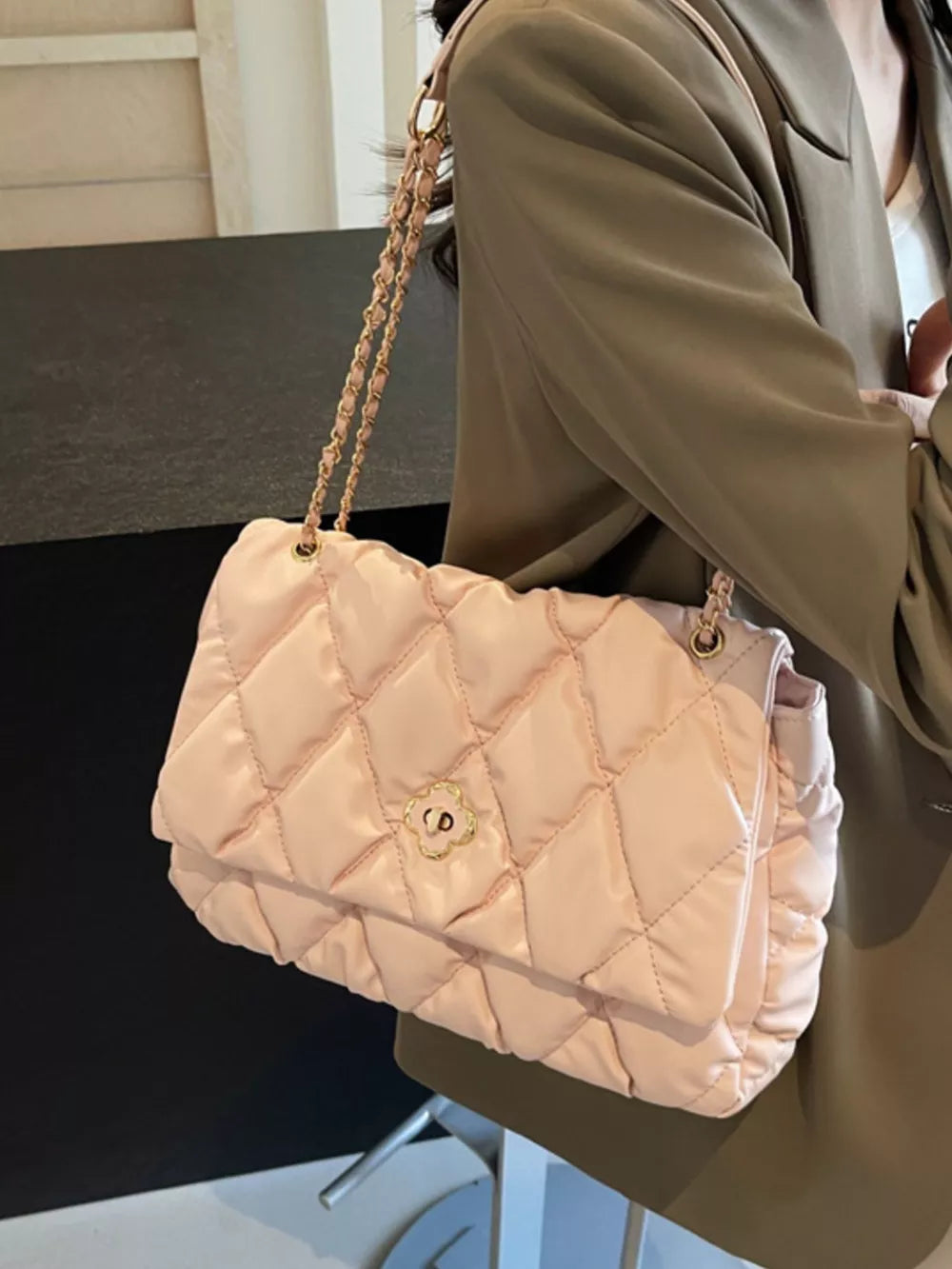 Quilted Chain Shoulder Bag in Pink, front view