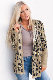 Tan leopard print open-front knit cardigan with long sleeves.