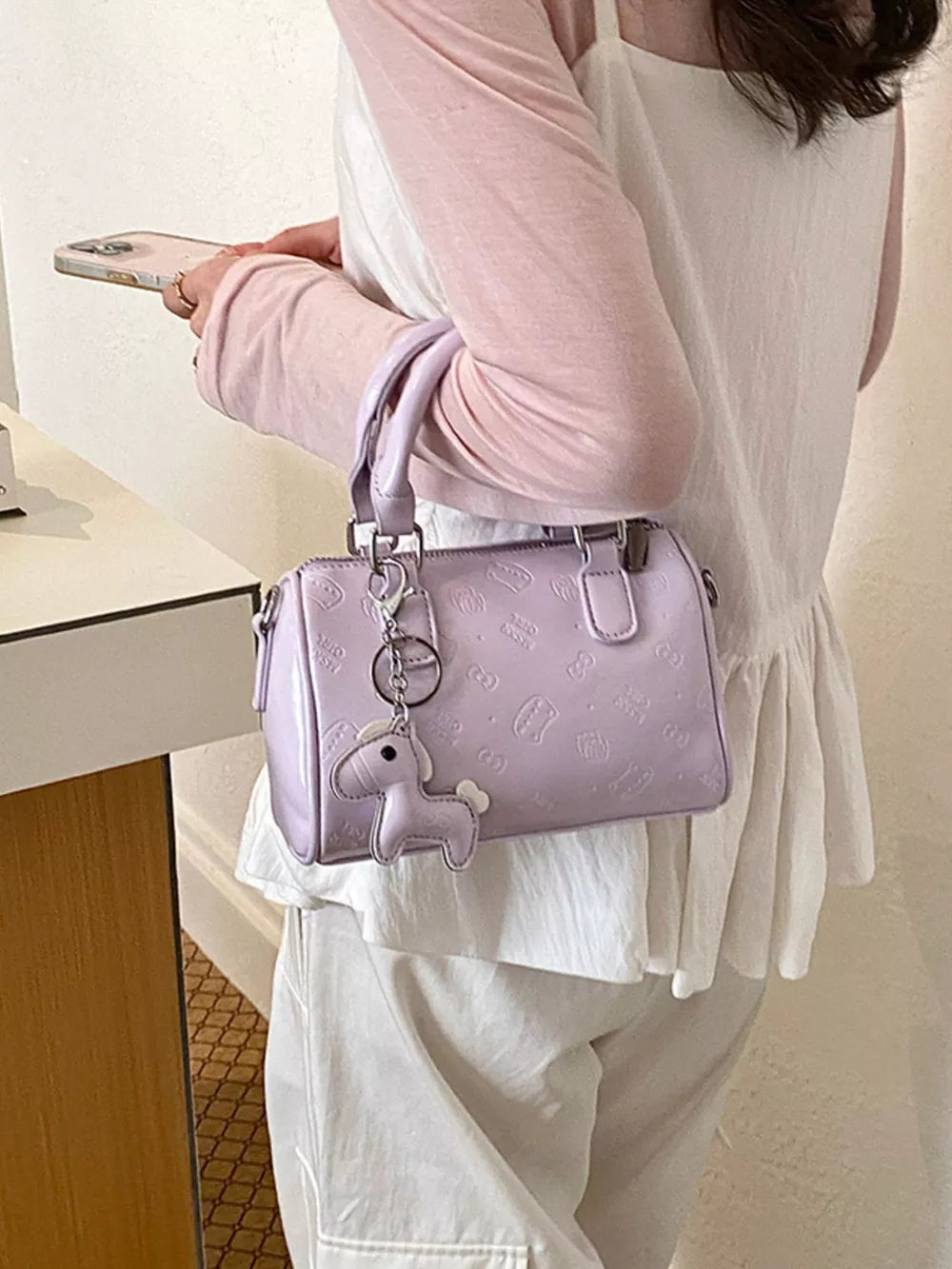 Top Handle Crossbody Bag in Pink Purple, fit detail