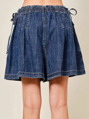 Dark blue denim shorts with ruched waist and tie details