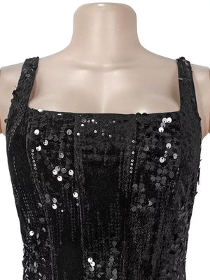 Black sequin maxi gown with square neckline and tank straps.