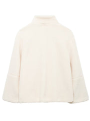 White sherpa stand-collar jacket with a relaxed fit and bell sleeves.