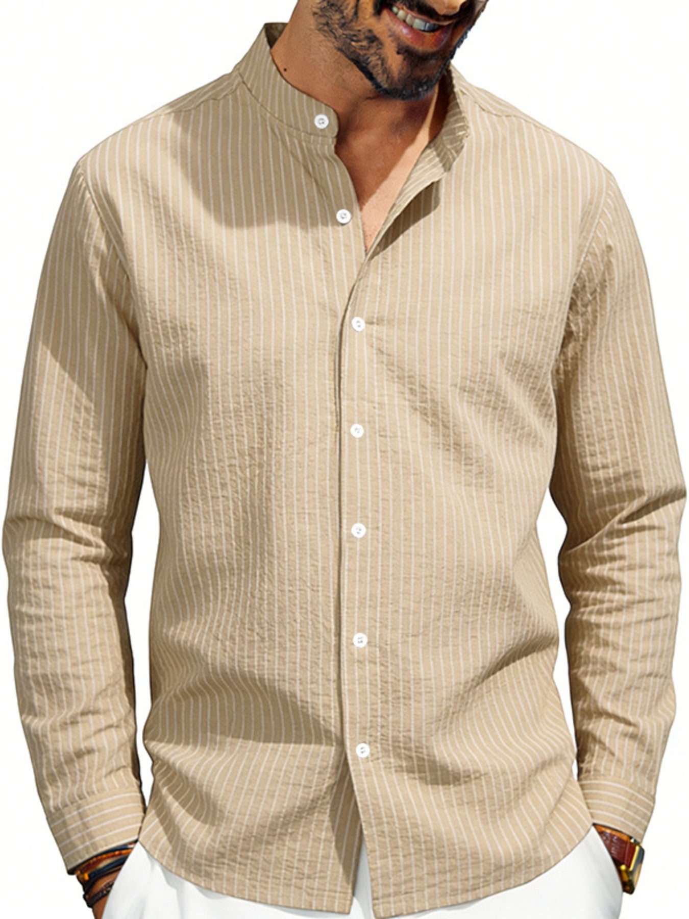 Men's khaki cotton blend long sleeve shirt with vertical white pinstripes and band collar.