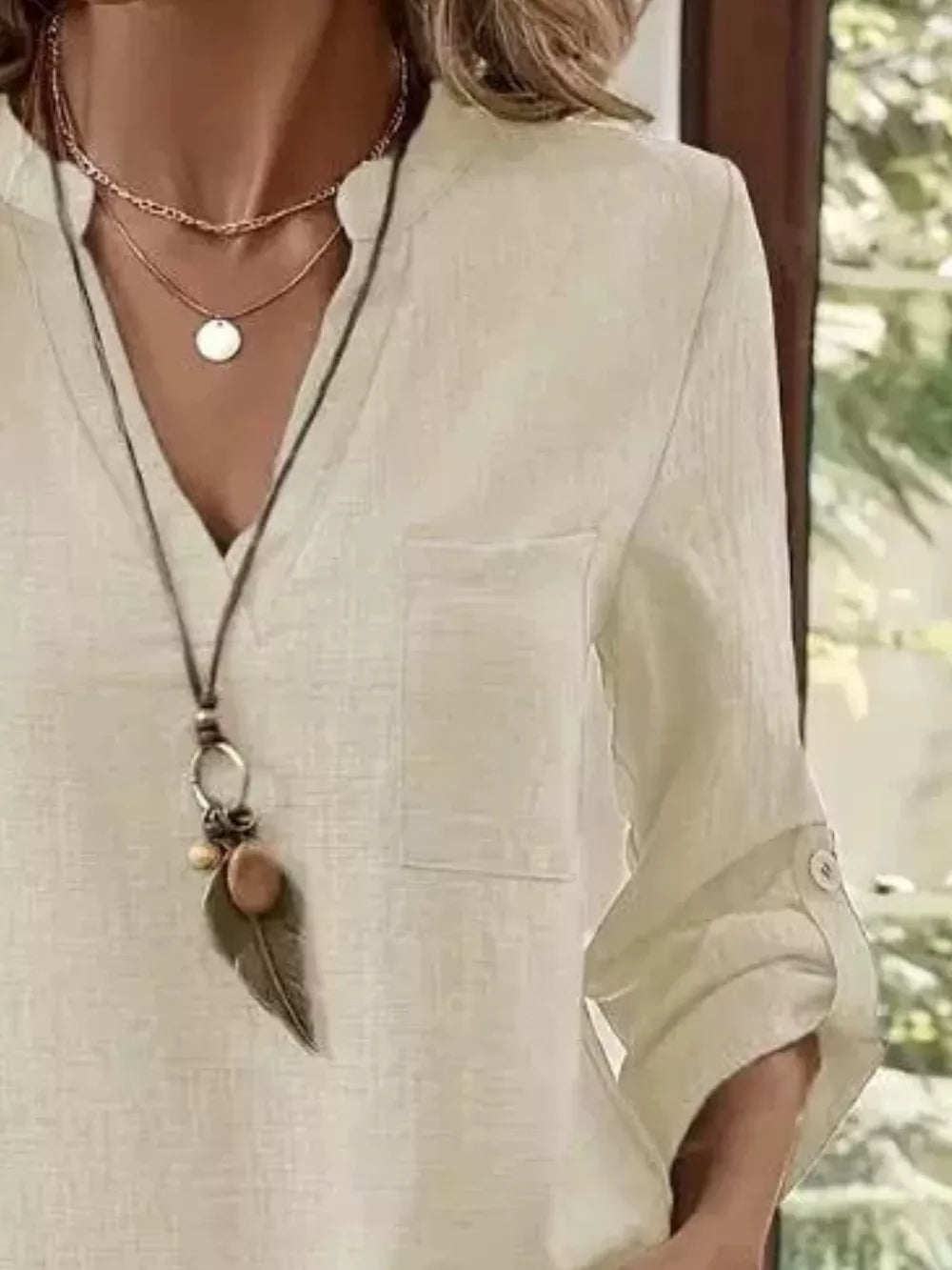 Casual V-neck Roll-sleeve T-shirt With Pocket in Khaki, editorial view