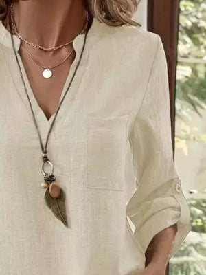 Casual V-neck Roll-sleeve T-shirt With Pocket in Khaki, editorial view