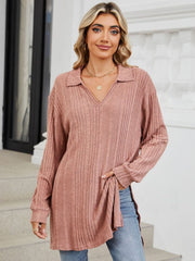 Dusty Pink ribbed knit collared tunic top with slit hem and v-neck