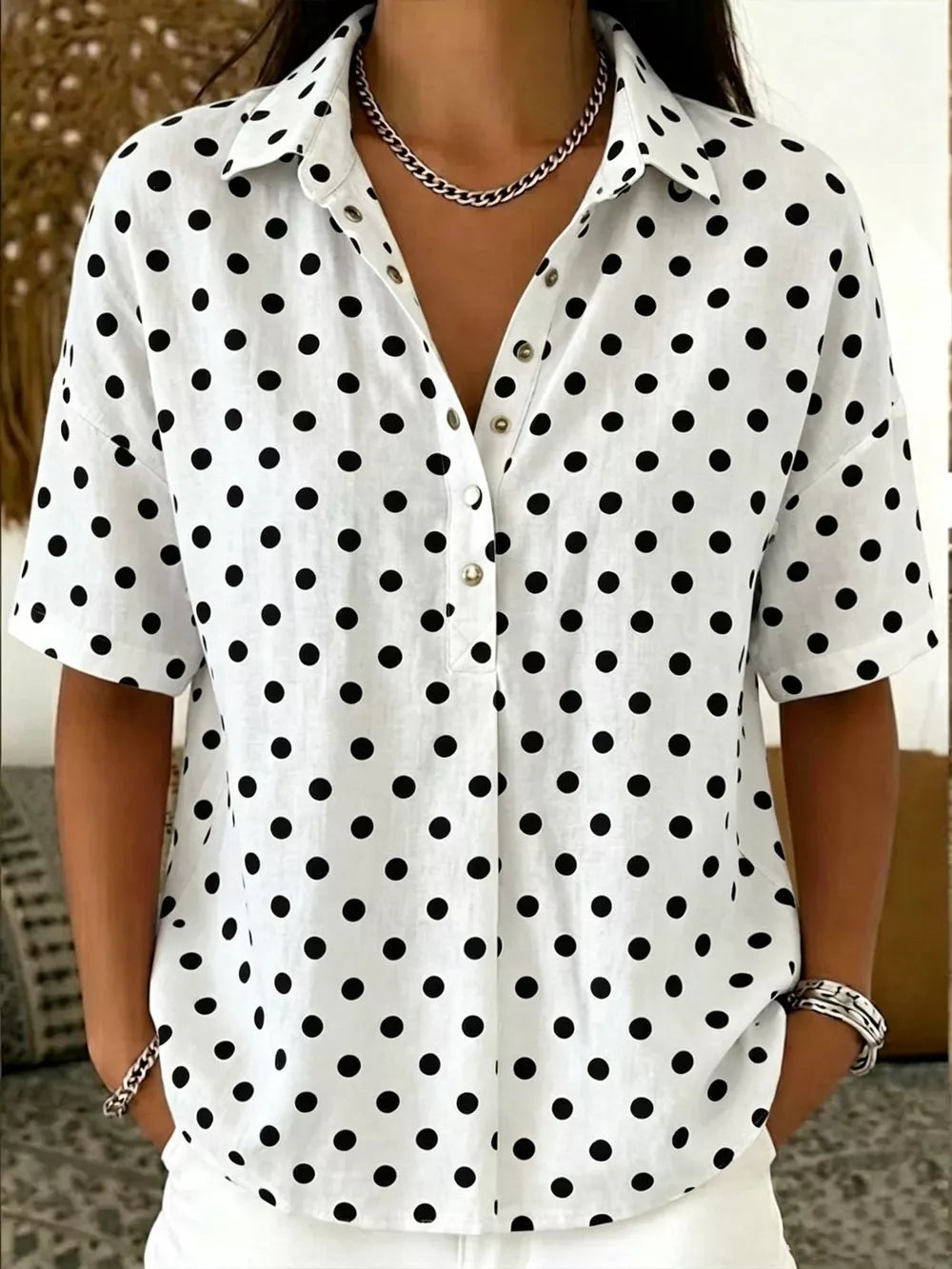 Full Size Polka Dot Short Sleeve Shirt Plus Size, close-up detail