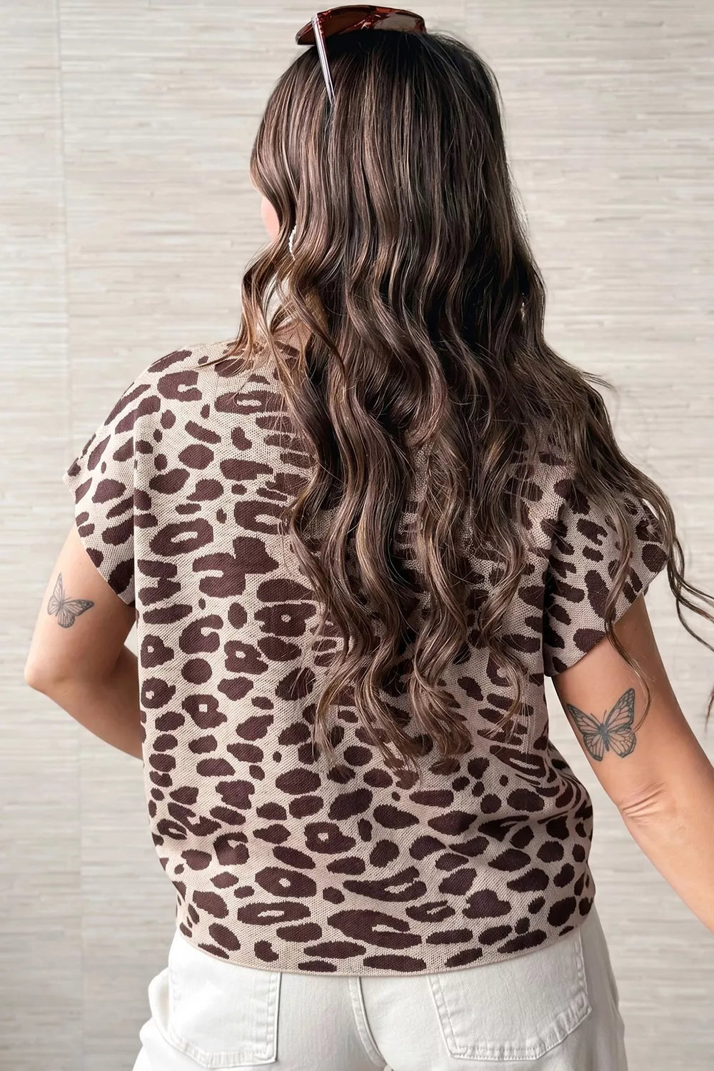 Leopard Print Short Sleeve Knit Pullover Sweater, side view