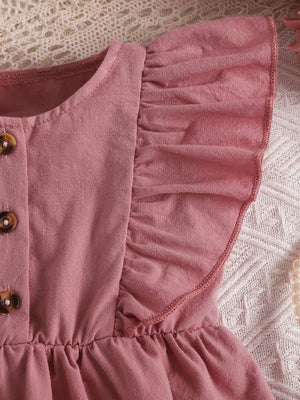 Pink baby set with ruffle sleeves and button front detail.