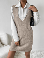 Mocha knit sleeveless mini dress with V-neck and patch pockets, worn over a white collared shirt.