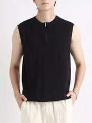 Black textured knit men's tank top with quarter-zip neckline.