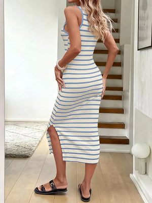 Bodycon midi dress in blue and white stripes with side slit and scoop neck.