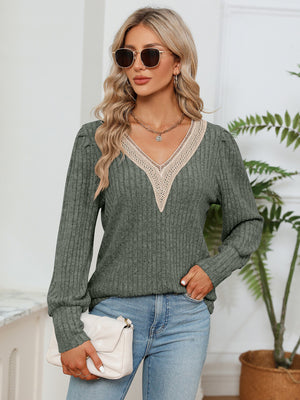 Moss ribbed knit sweater with crochet V-neck detail and long sleeves