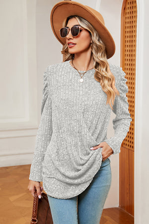 Light Gray textured blouse with draped front and ruched sleeves.