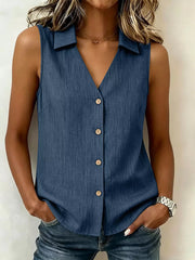 Full Size Button-up Sleeveless Collared Top in Navy, front view