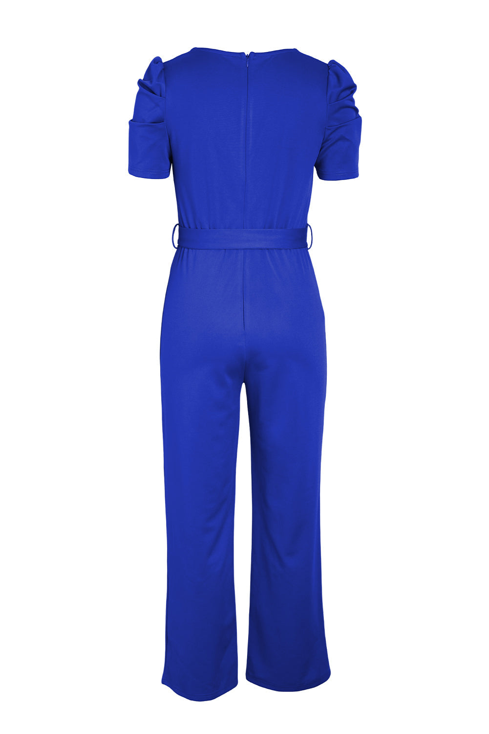 Royal blue jumpsuit with puffed sleeves, belted waist, and wide legs.