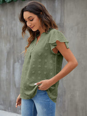 Sage textured voile blouse with flutter sleeves and V-neck
