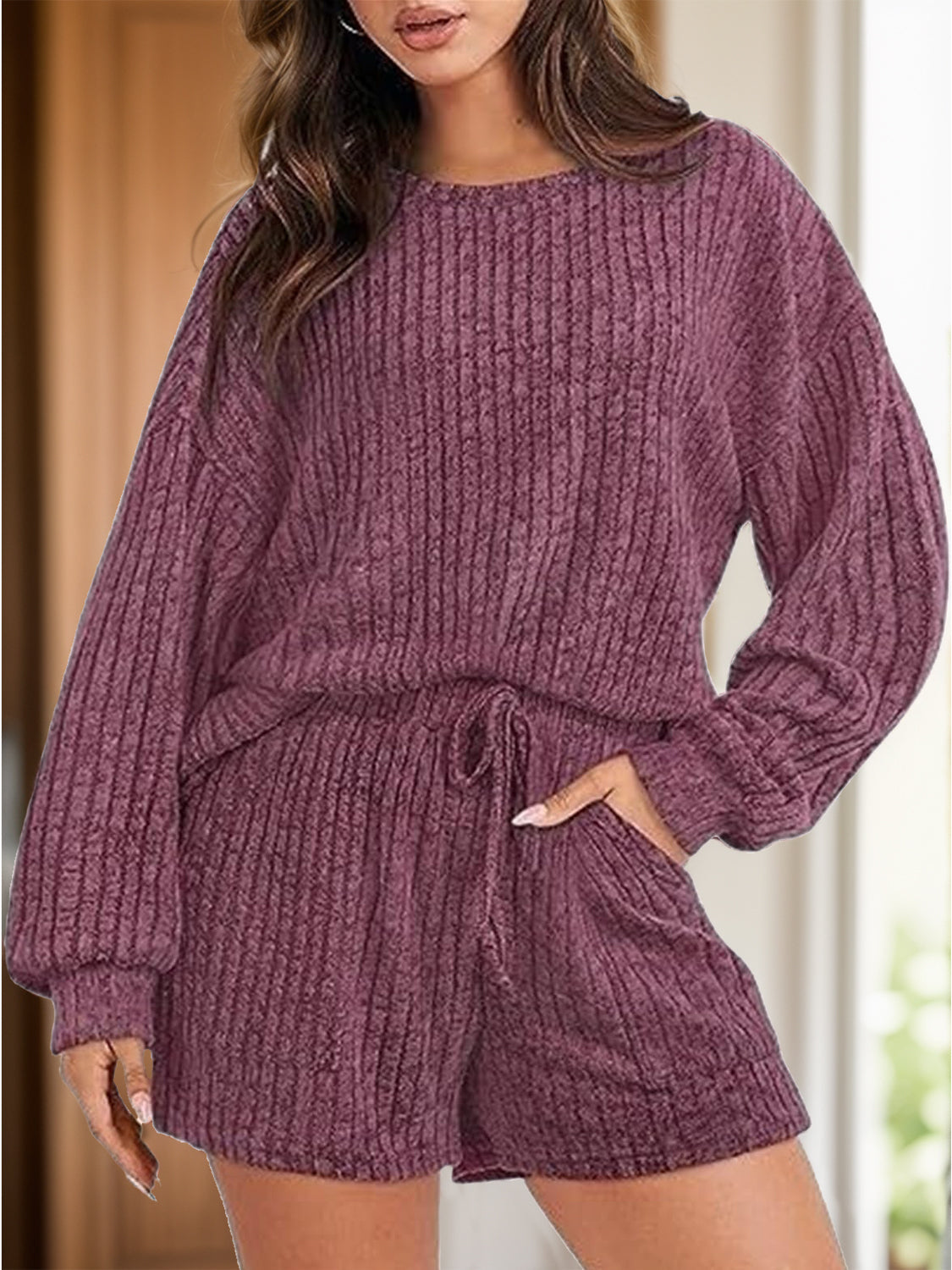 Deep purple ribbed knit lounge set with crew neck, long sleeves, drawstring shorts with pockets.