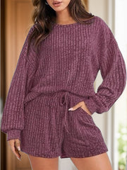 Deep purple ribbed knit lounge set with crew neck, long sleeves, drawstring shorts with pockets.