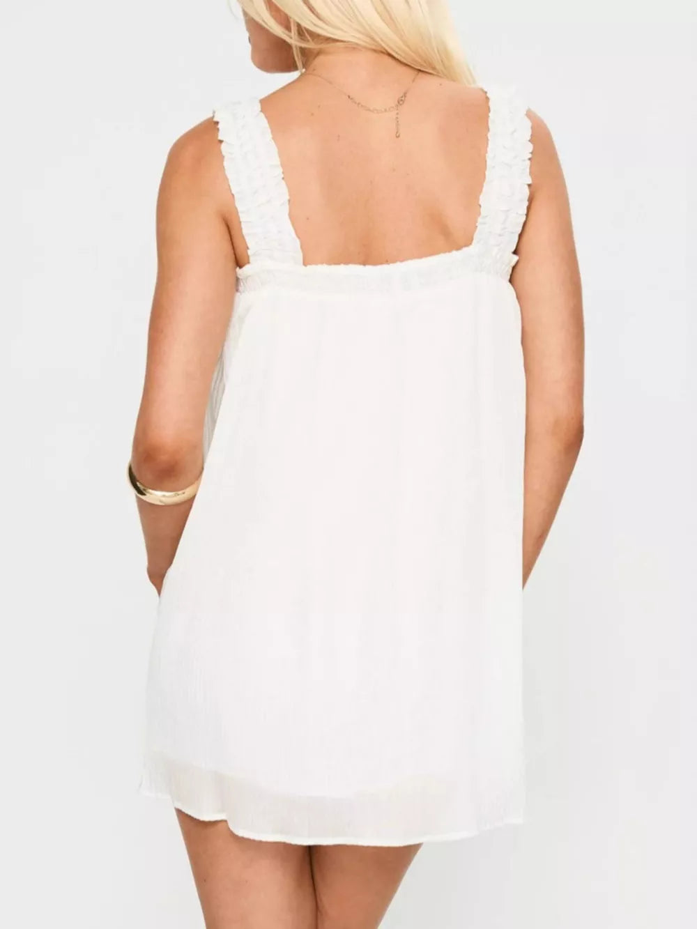 White frilled square neck mini dress with drawstring tie detail