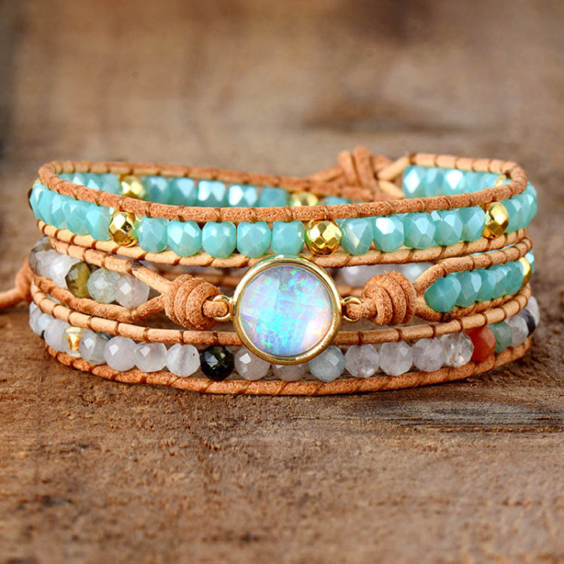 Bohemian wrap bracelet with opal center, multicolor agate and crystal beads, leather cord