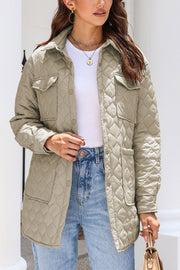 Quilted utility jacket in Khaki with button-front, collar, and chest pockets.